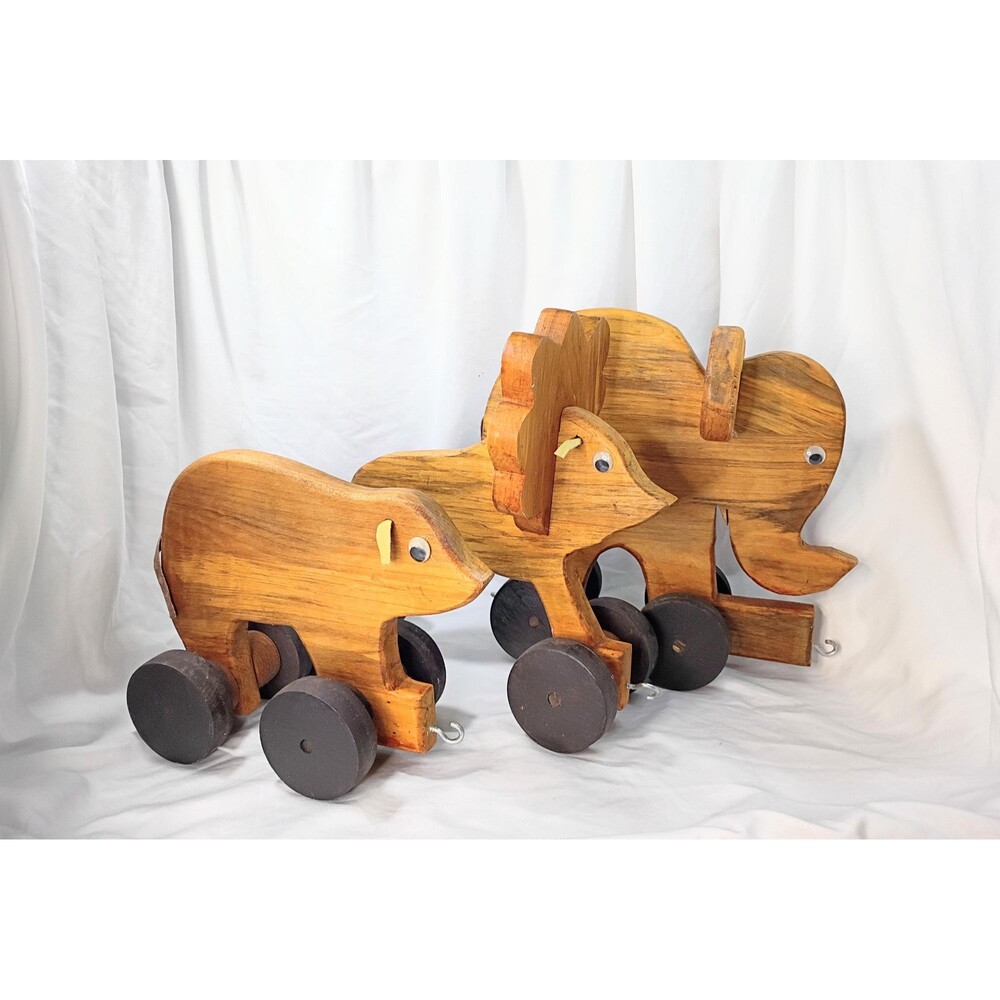Set of 3 Large Wood Circus Animals on Wheels - Elephant, Lion, Bear